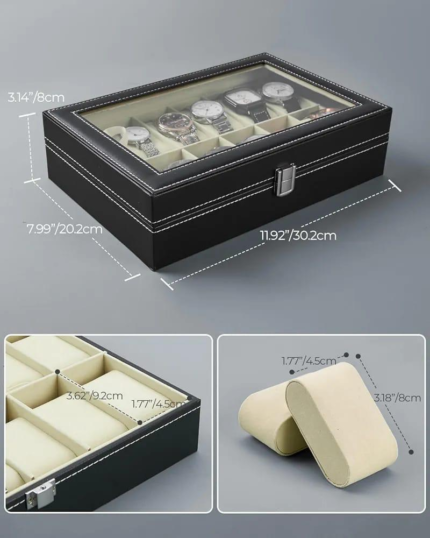 PU Leather watch box 12 Slots Watch Display Case For Men Organizer Jewelry Storage Box With Glass Top For